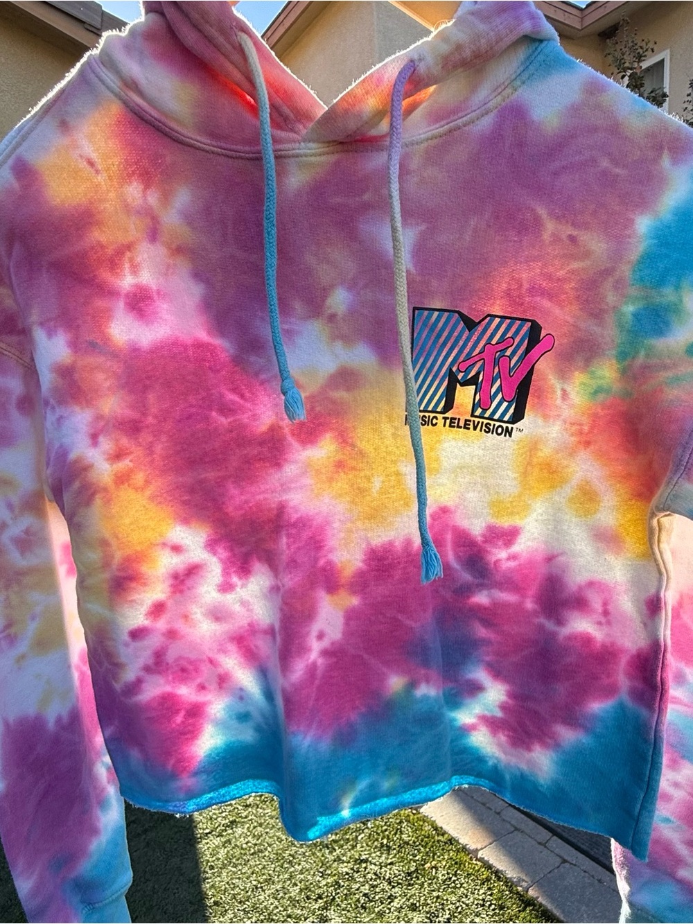 MTV Retro Pastel Tie Dye Cropped Hoodie Sweatshirt S